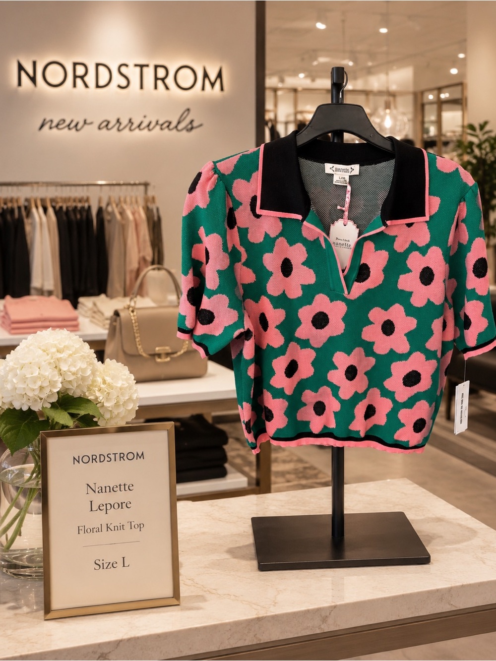 Nanette Lepore Green & Pink Floral Knit Polo Top with Black Trim